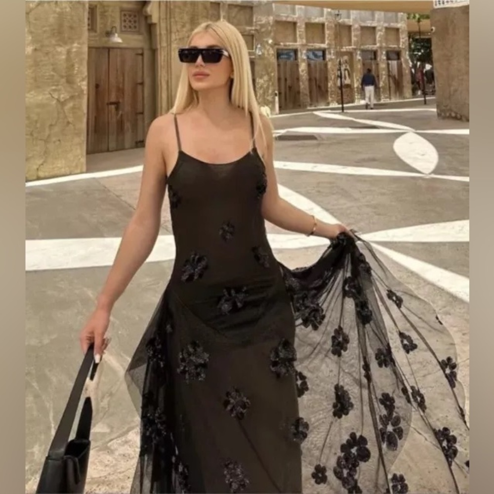 Zara Black Floral Appliqué Maxi Slip Dress